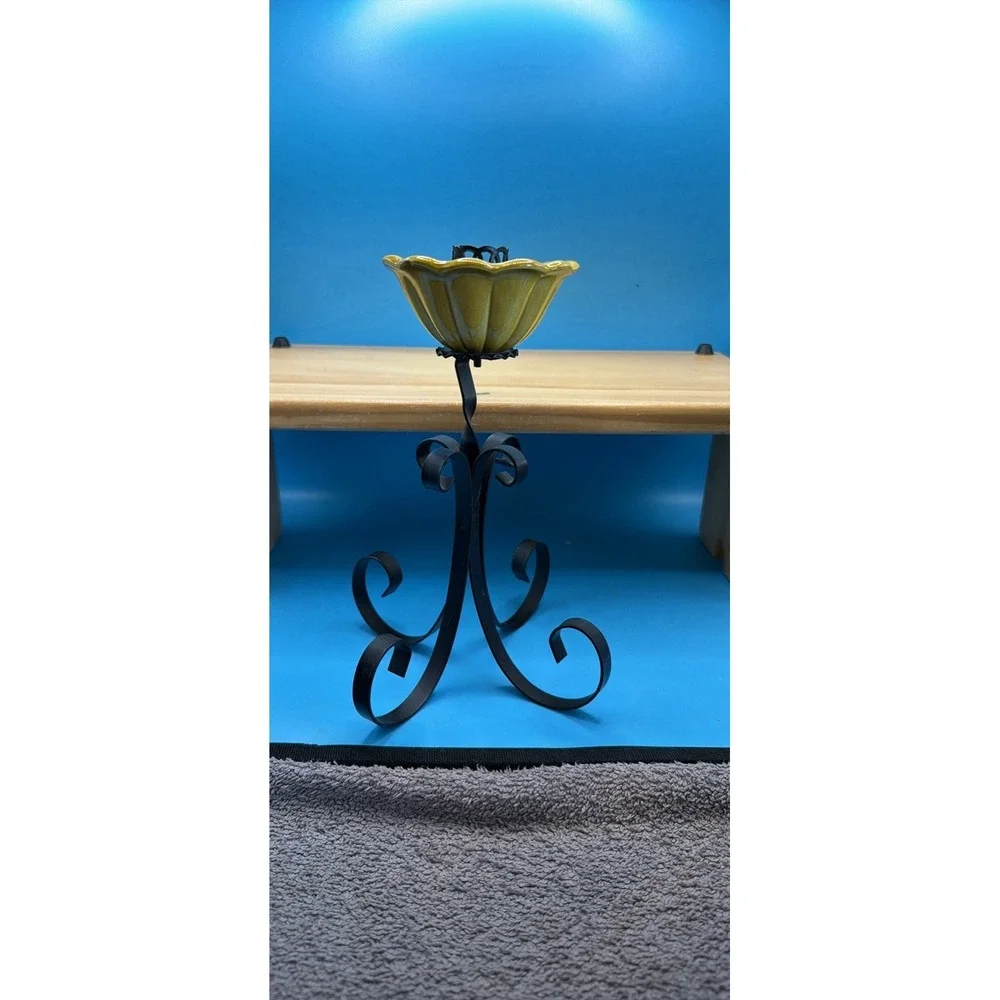 Metal Scroll Candle Holder Stand w/ Yellow Glass Bowl, Floral Vintage, Medium